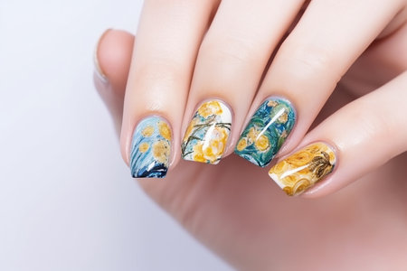 Woman hand closeup with Vincent Van Gogh art style manicure, Generative AIの素材
