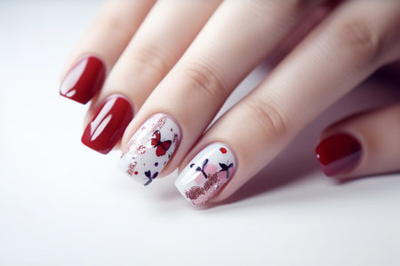 Design on woman hands with butterflies on the nails, Generative AIの素材