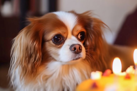 Sweet dog in front of a birthday cake, Generative AIの素材