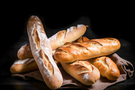 Homemade fresh baguettes closeup, low key, Generative AIの素材