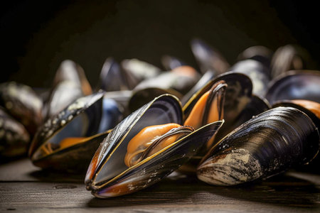 Closeup photo of cooked mussels, Generative AIの素材