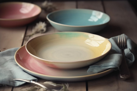 Empty plates on a table, pastel colors, cozy atmosphere, Generative AIの素材
