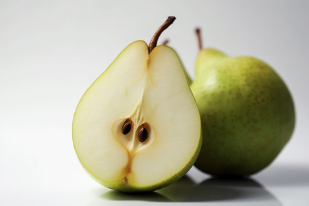 Cut pear closeup isolated on white, Generative AIの素材