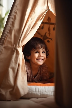 Little boy playing in play tent, Generative AIの素材