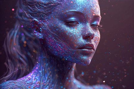 Closeup profile portrait of a dreaming cosmic young woman, Generative AIの素材