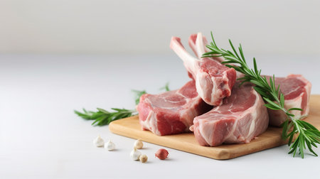 Raw veal pieces with bone ready to be cooked, white background, copyspace, Generative AIの素材