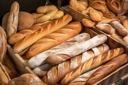 Assortment of different baguettes in a bakery, Generative AIの素材