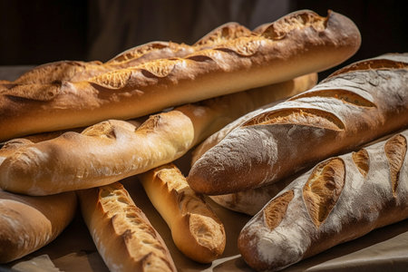 Different baguettes in a bakery, closeup, Generative AIの素材