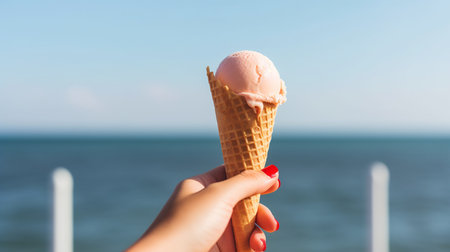 Woman hand with an ice cream, sea background, Generative AIの素材