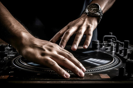 Afro american DJ hands playing music closeup, Generative AIの素材