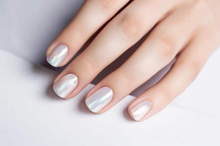 Woman hand closeup with beautiful nacre manicure with shimmer, Generative AIの素材