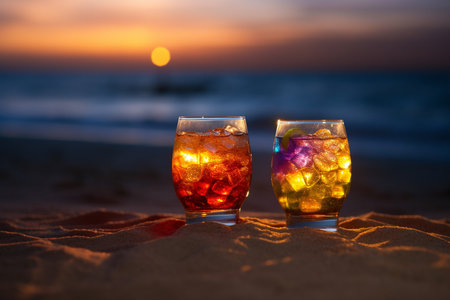 Two cocktails on a beach, sunset, Generative AIの素材
