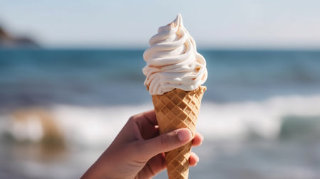 Woman hand with an icecream on a sea background, Generative AIの素材