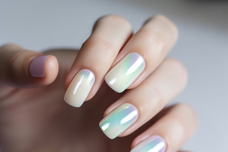 Woman hand closeup with beautiful nacre manicure with hologram effect, Generative AIの素材
