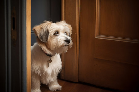 Small white dog waiting for his master, Generative AIの素材