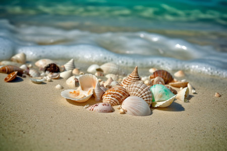 Sea shells on the sand near the sea, Generative AIの素材