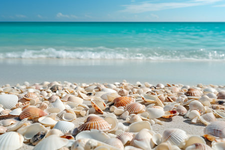 Seashells closeup on a seashore near the turquoise sea, Generative AIの素材