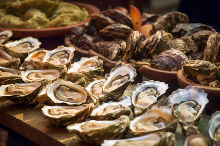 Assortment of oysters in the market, Generative AIの素材