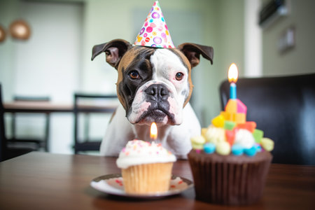 Bulldog in front of a birthday cake, Generative AIの素材