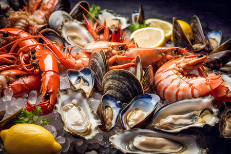 Assortment of seafood on a showcase, Generative AIの素材