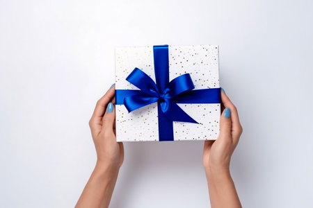 Woman hands holding white gift box with blue ribbon over the white background, Generative AIの素材