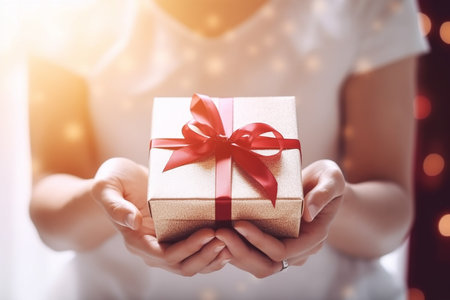 Woman hands holding golden giftbox decorated with red ribbon, Generative AIの素材