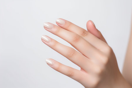 Woman hand closeup with beautiful nacre beige color manicure, Generative AIの素材