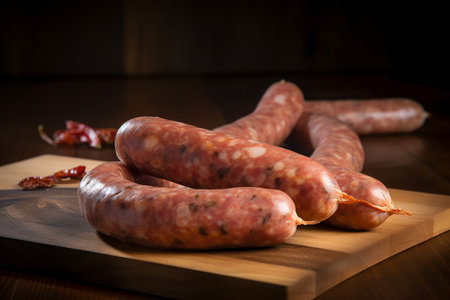 Raw sausages on the wooden cutting board in a kitchen, Generative AIの素材