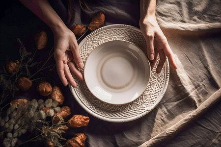 Woman hands holding set of two plates, Generative AIの素材