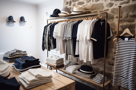 Sailor striped t-shirts in a shop, marine style, Generative AIの素材