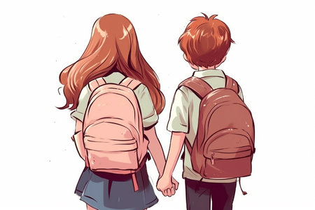 Couple of teens, back view, the first love concept, cartoon style, Generative AIの素材