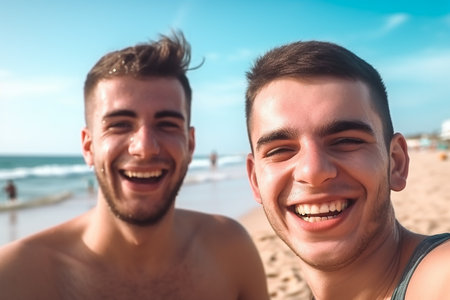 Two young male friends on a beach, Generative AIの素材