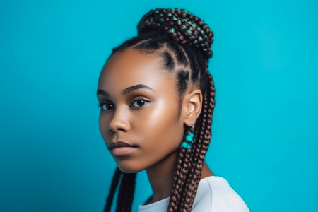Young afro-american woman with braids on the blue background, Generative AIの素材