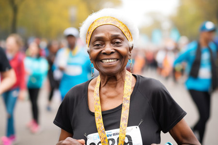 Afro-american smiling senior woman running marathon, Generative AIの素材