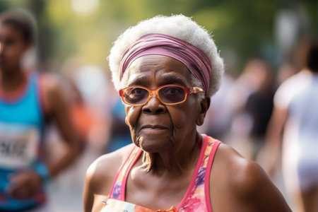 African-american senior woman running marathon, Generative AIの素材