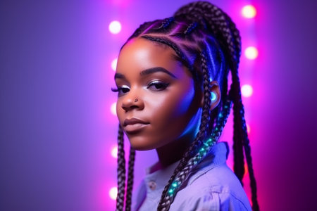 Pretty young afro-american woman with braids on the neon background, Generative AIの素材