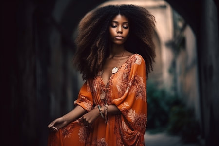 Afro-american woman posing in a long dress, Generative AIの素材