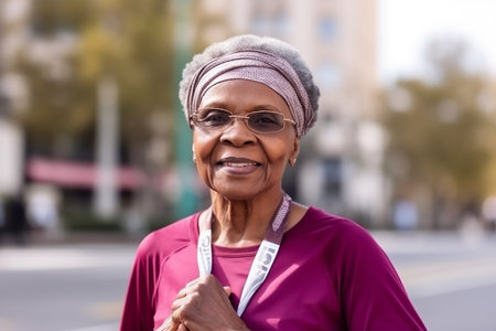 Afro-american senior woman running marathon in a city, Generative AIの素材