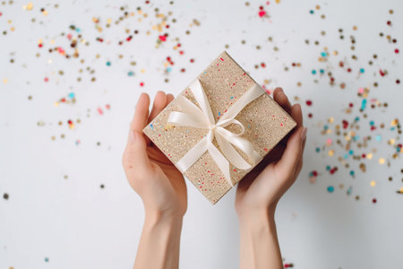 Woman hands holding a giftbox, top view, confetti, white background, Generative AIの素材