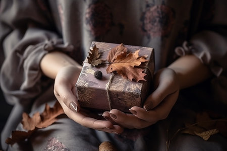 Zero waste gift box, decorated with dry leaves, Generative AIの素材
