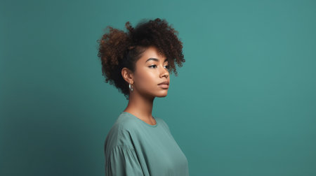 Young pretty afro-american woman profile on the green mint background, banner, Generative AIの素材