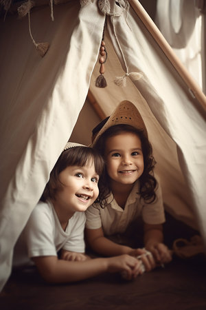 Kids playing in a game tent, Generative AIの素材