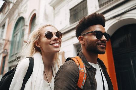 Multiracial couple traveling in a European city, Generative AIの素材