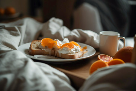 Breakfast in bed, sweet sandwiches with orange, Generative AIの素材