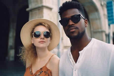 Multiracial couple traveling in a city, Generative AIの素材