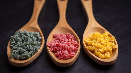 Three wooden spoons with different colors pasta, top view, Generative AIの素材