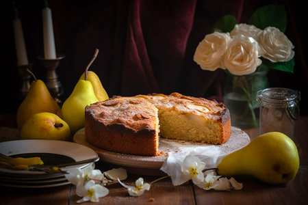 Pear sweet cake on a table, Generative AIの素材