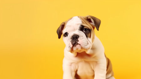 Cute little bulldog puppy on the bright yellow background, copyspace, Generative AIの素材