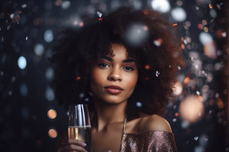 Festive afro-american woman posing with a glass of champagne, Generative AIの素材