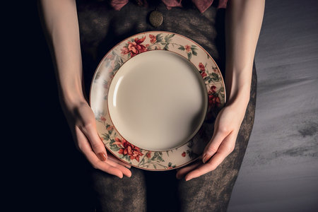 Female hands holding vintage decorative empty plate, Generative AIの素材